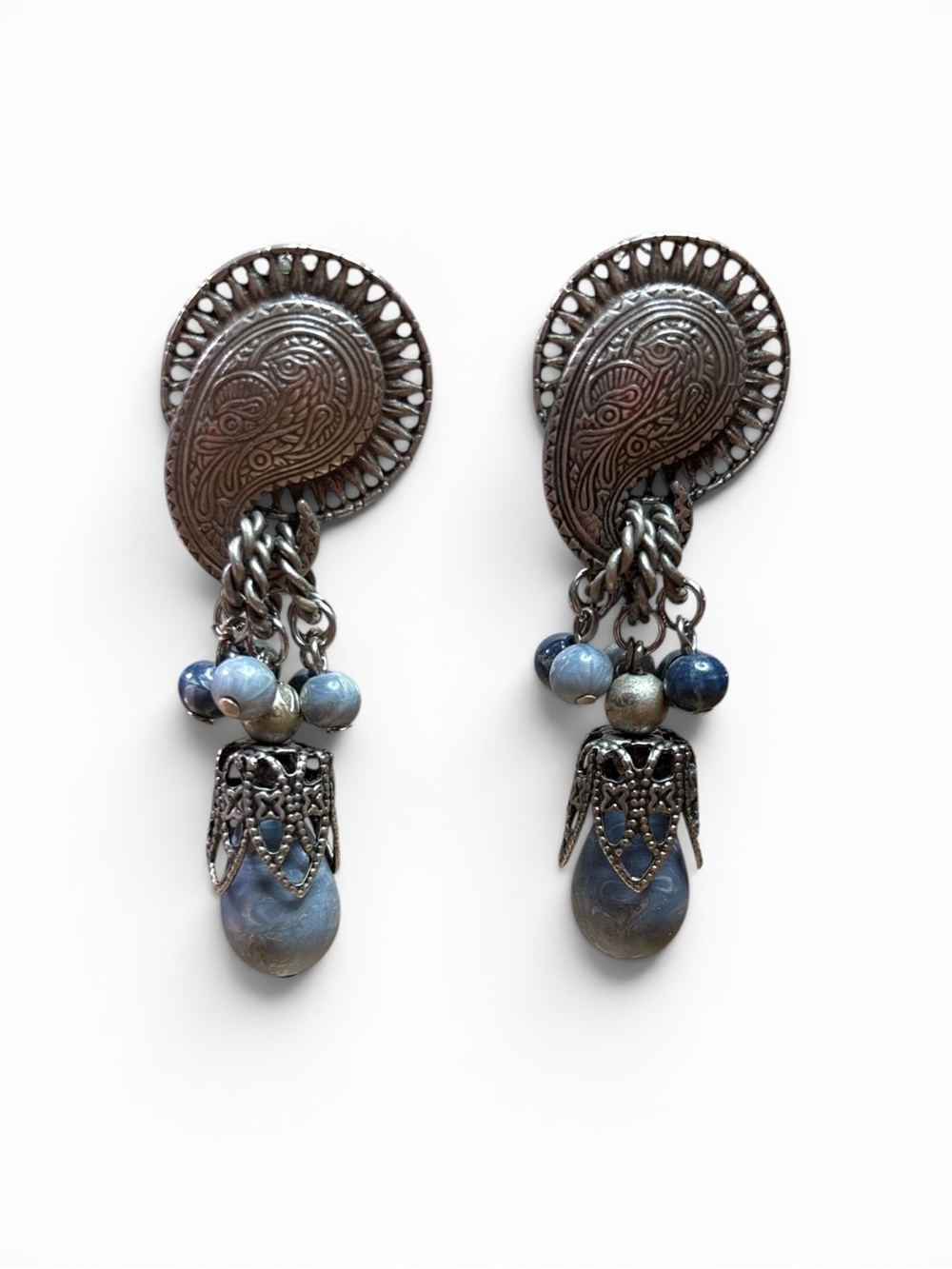 Vintage-Inspired Silver Blue Bead Drop Clip-on Earrings